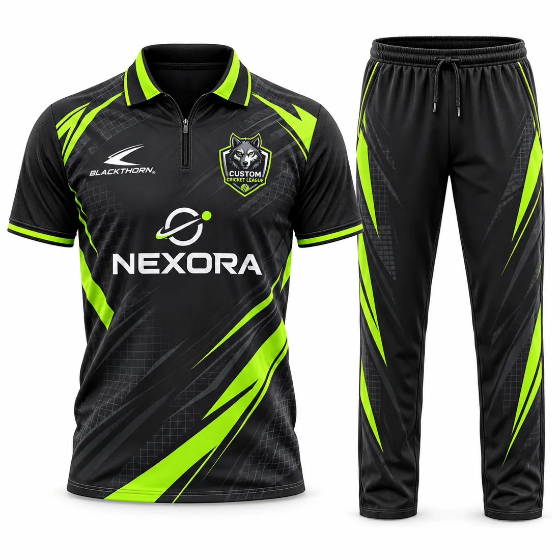 Black Volt Wolf T20 Cricket Kit: custom cricket shirt and trousers, black and volt green, with club crest and sponsor