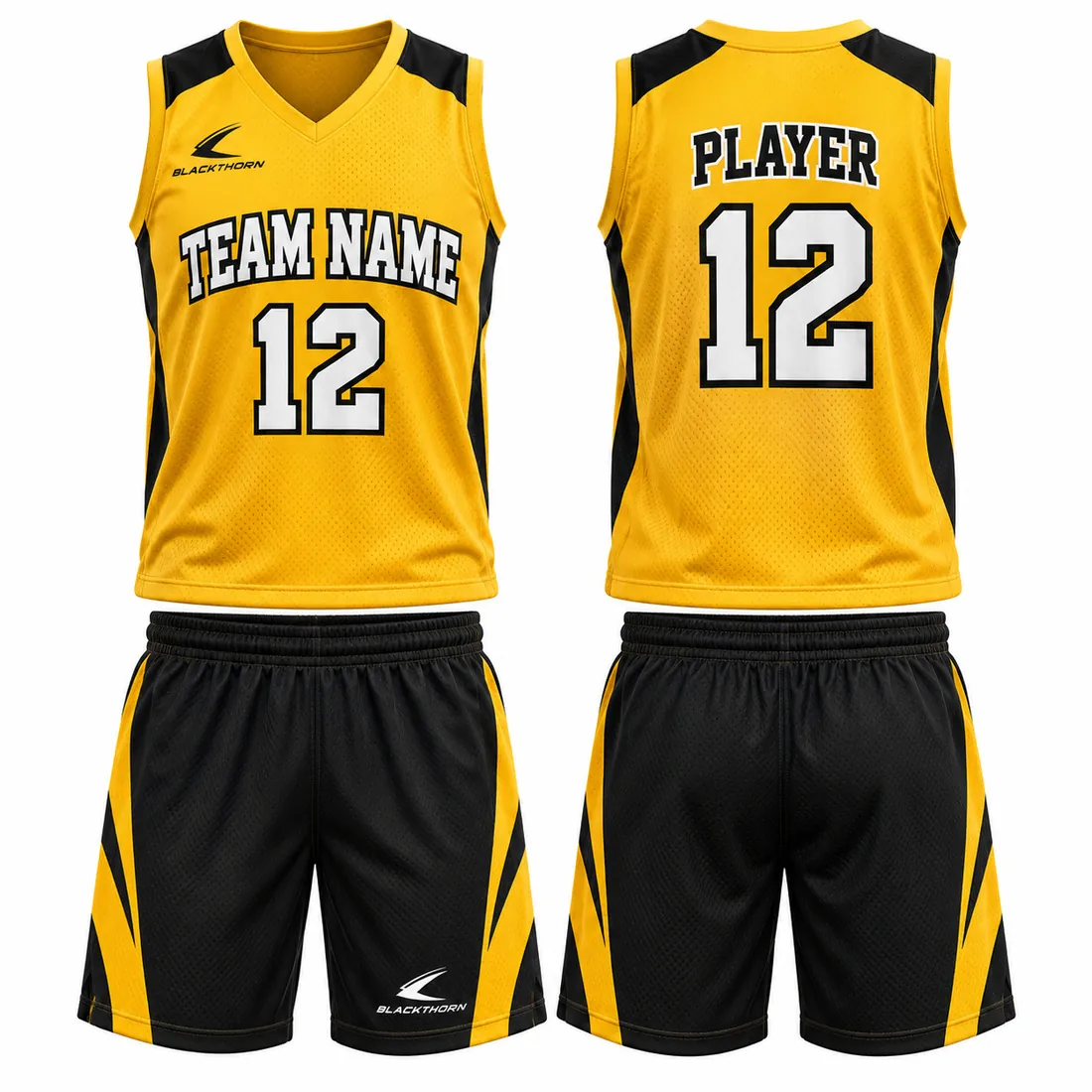 Blade & Chevron Sublimated Basketball Uniform — custom sublimated basketball uniform made to order by Blackthorn World — yellow / black blade