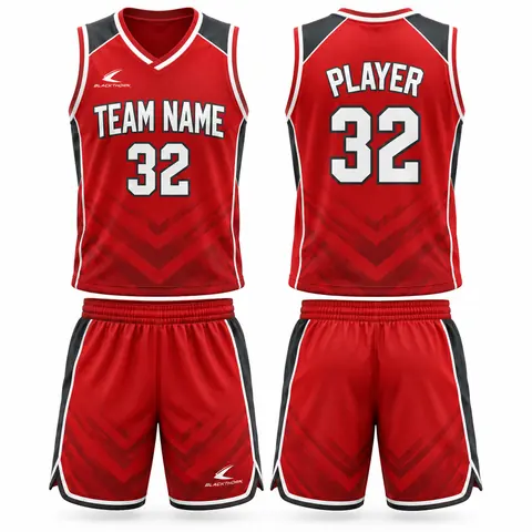 Blade & Chevron Sublimated Basketball Uniform — crimson / charcoal chevron