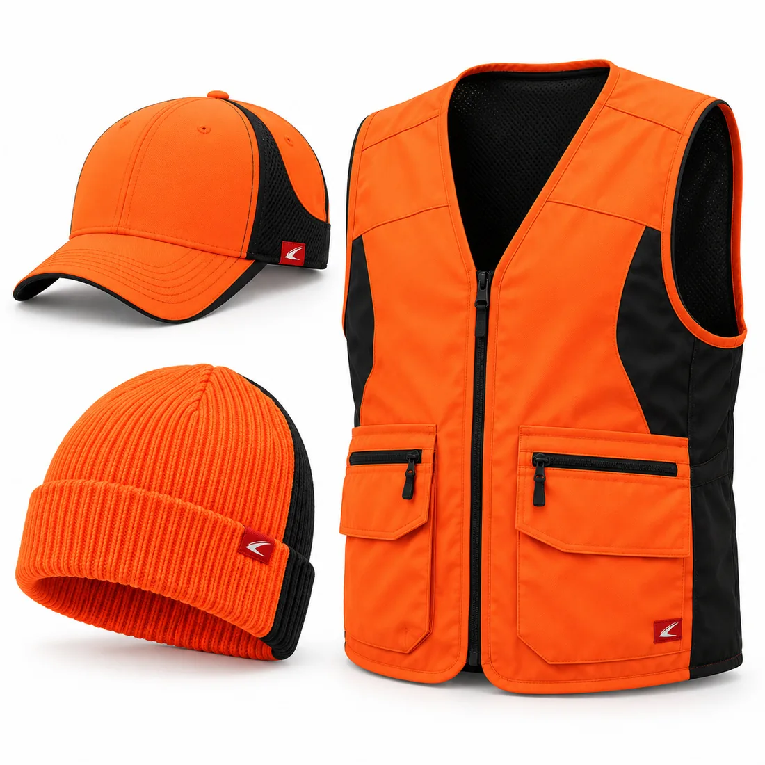 Blaze orange cap, beanie and vest with black panels and cuff, recycled polyester hunting set