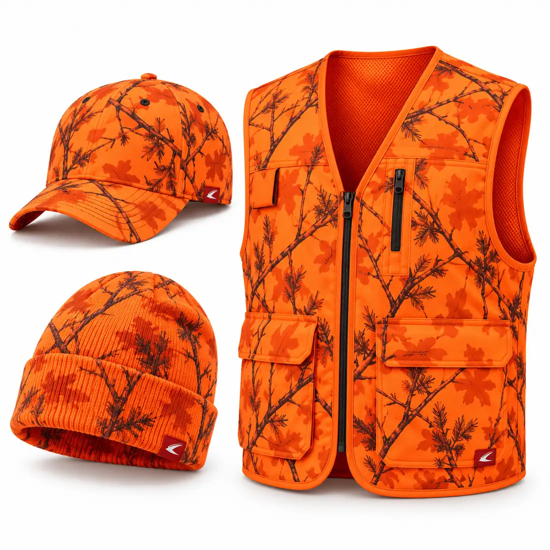 Blaze orange branch camo cap, beanie and zip vest set for promotional distributors, flat lay