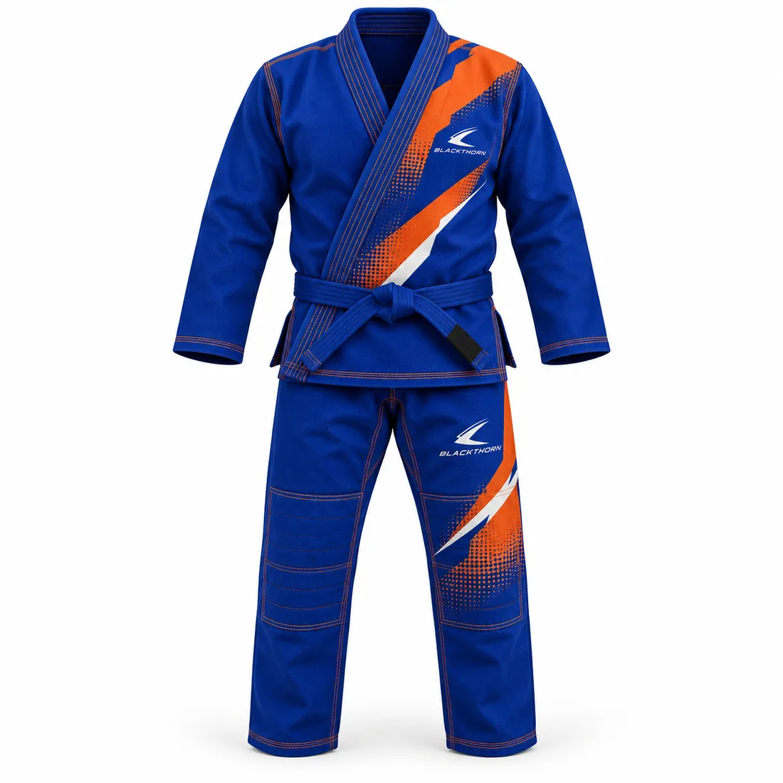 Royal blue BJJ gi with orange and white halftone diagonal trim, Blaze Halftone gi, front view