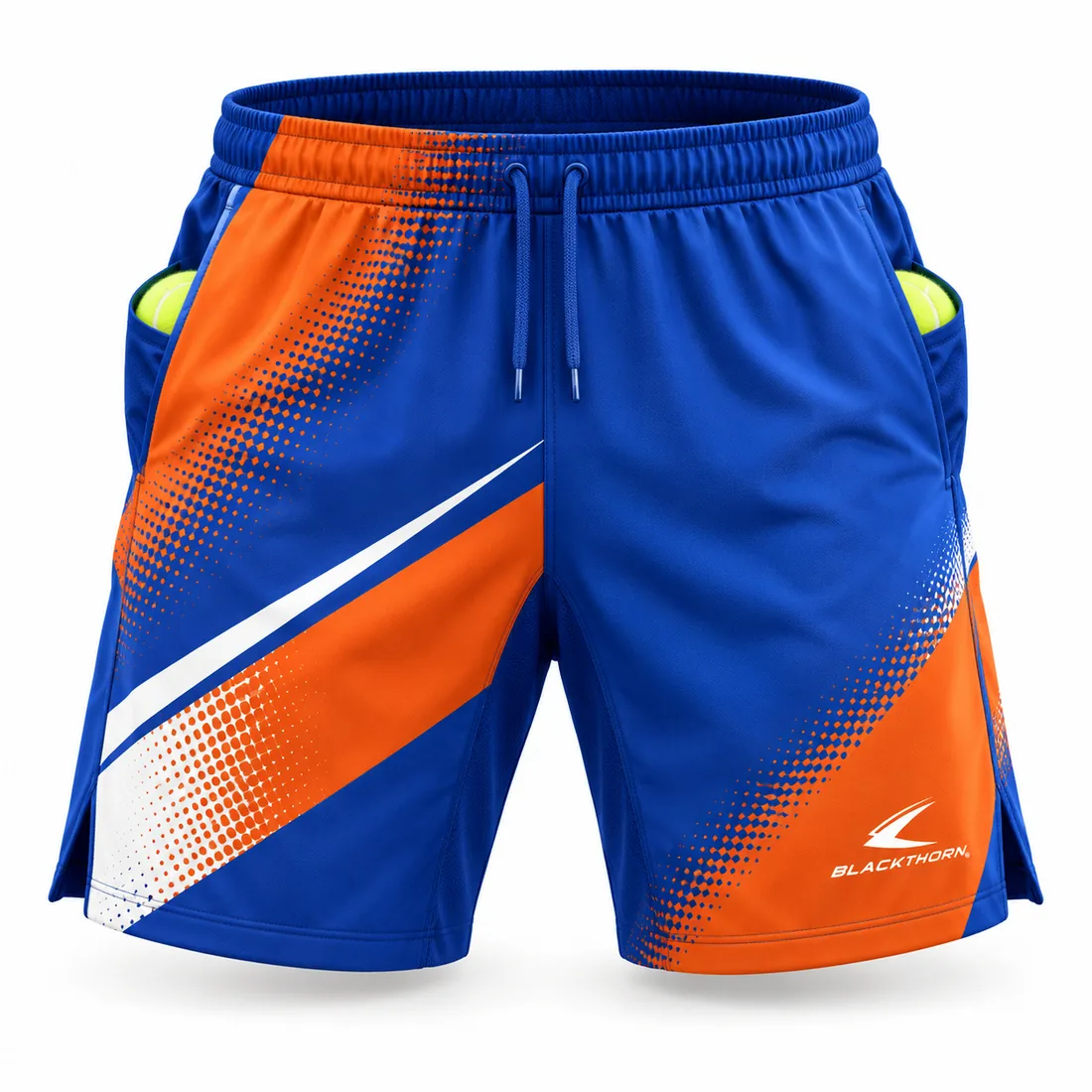 Royal blue junior padel shorts with orange and white halftone diagonals and side ball pockets