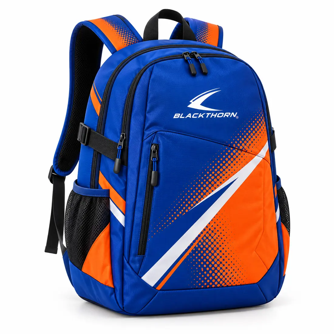 Royal blue junior team backpack with orange and white halftone diagonals and side mesh bottle pockets