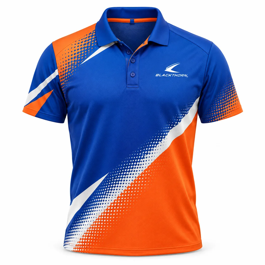 Royal blue padel polo shirt with orange and white sublimated halftone diagonals, front view