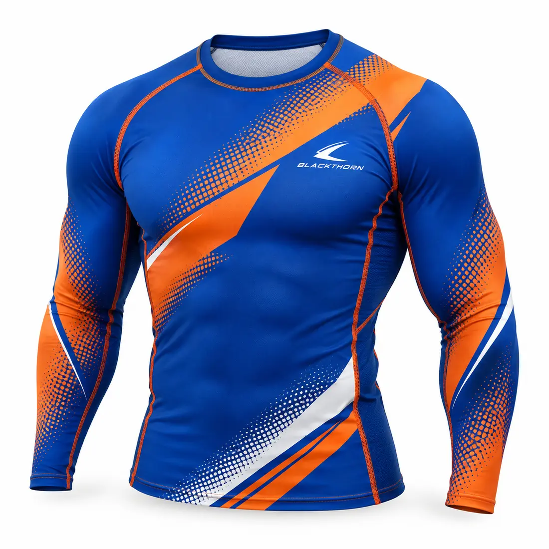 Royal blue long-sleeve rash guard with orange and white halftone diagonals, private label sample, front view