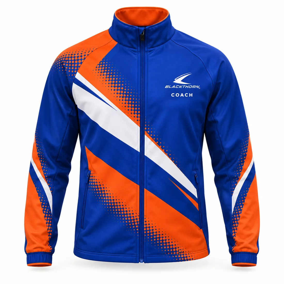 Royal blue softshell coach jacket with orange and white halftone diagonals and COACH chest print