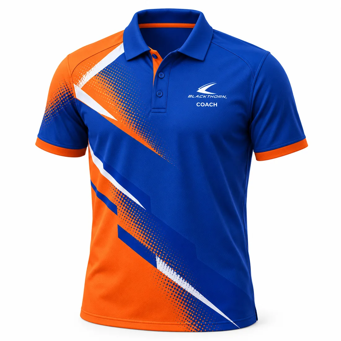 Royal blue coach polo shirt with orange and white halftone diagonals and COACH chest print, front view