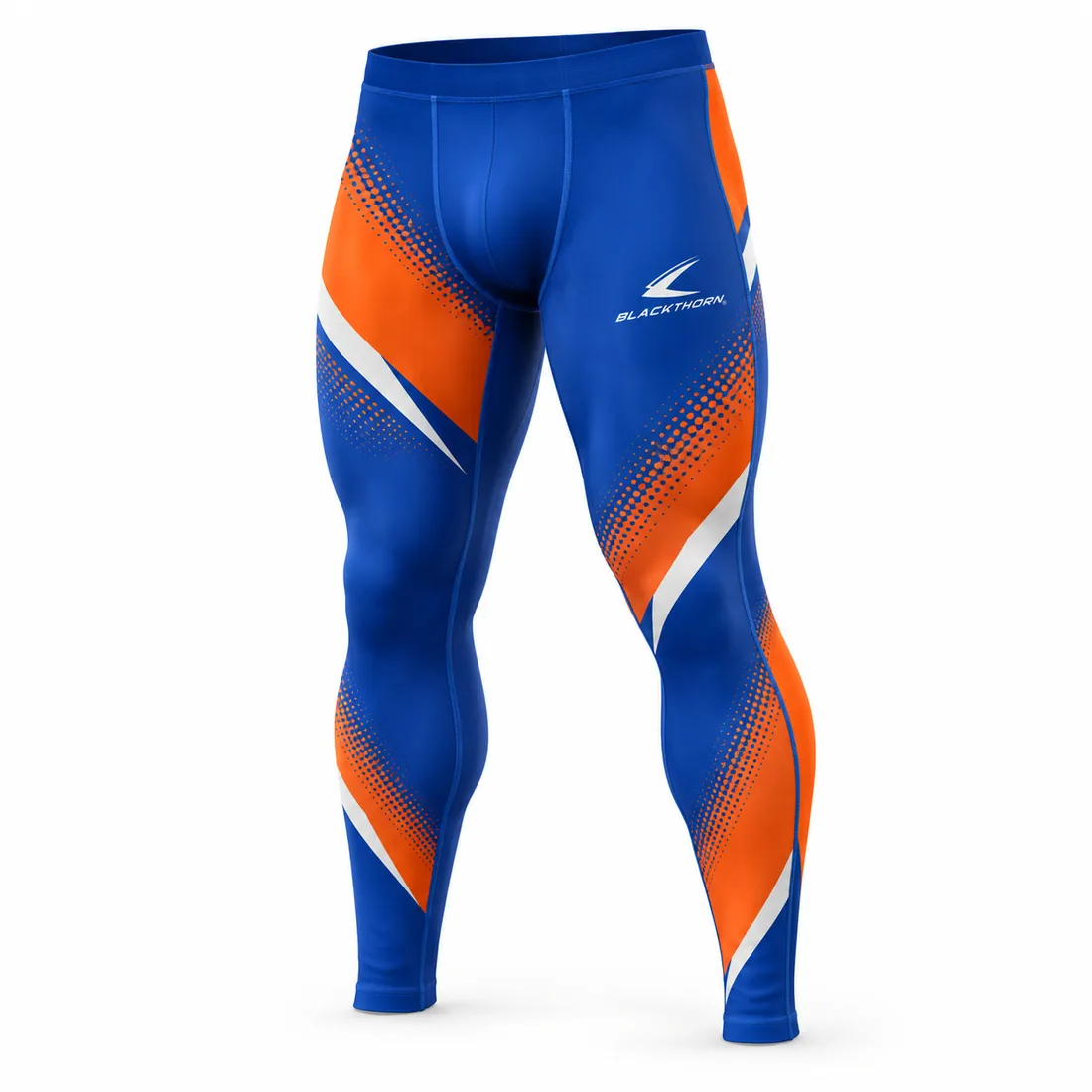 Royal blue grappling spats with orange and white halftone diagonals, wholesale sample, side view