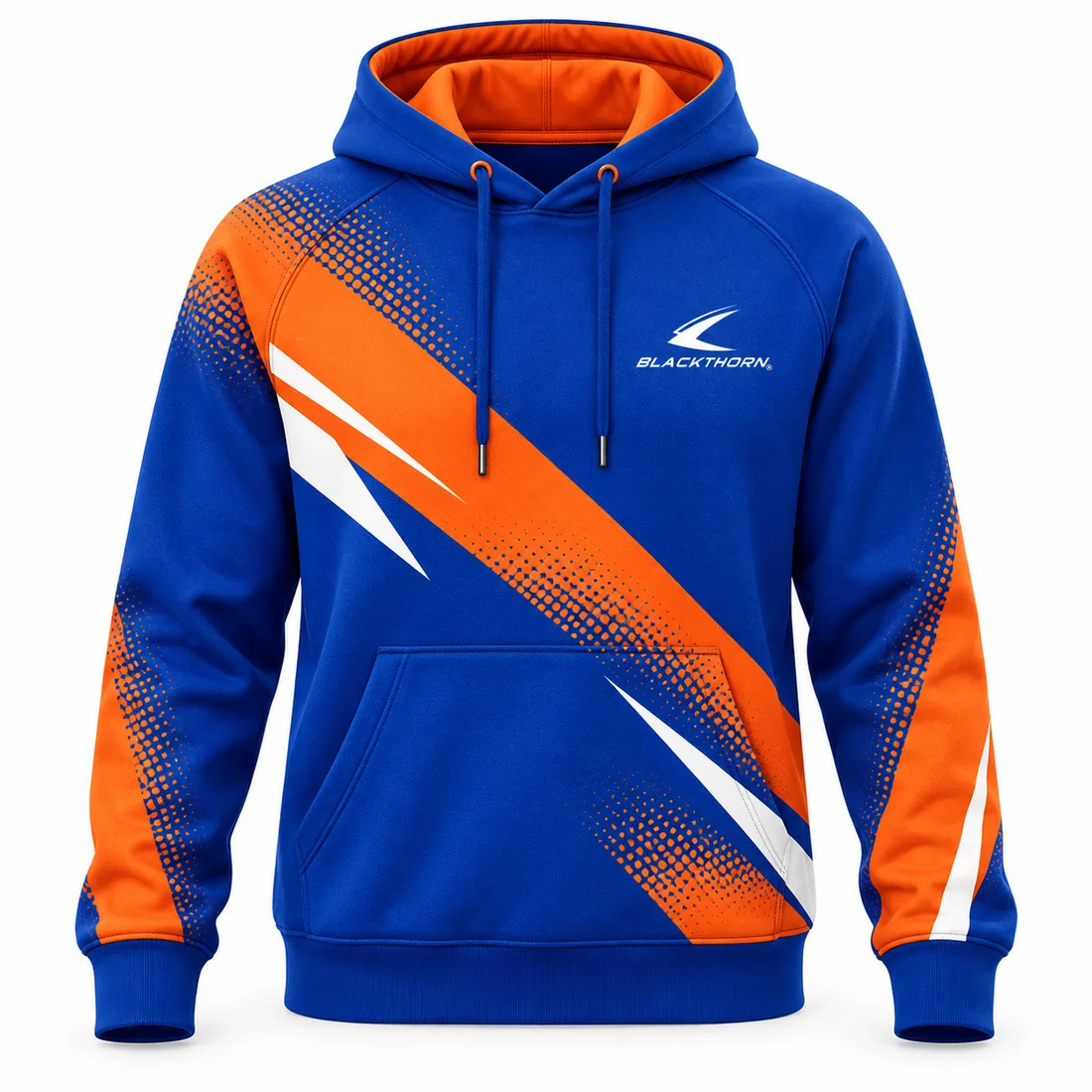 Royal blue sublimated fight hoodie with orange and white halftone diagonals and kangaroo pocket