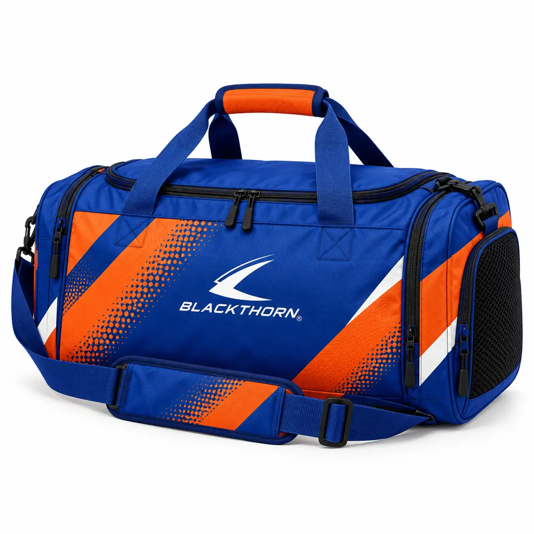 Royal blue PU-coated kit bag with orange and white halftone diagonals, mesh boot pocket and padded shoulder strap