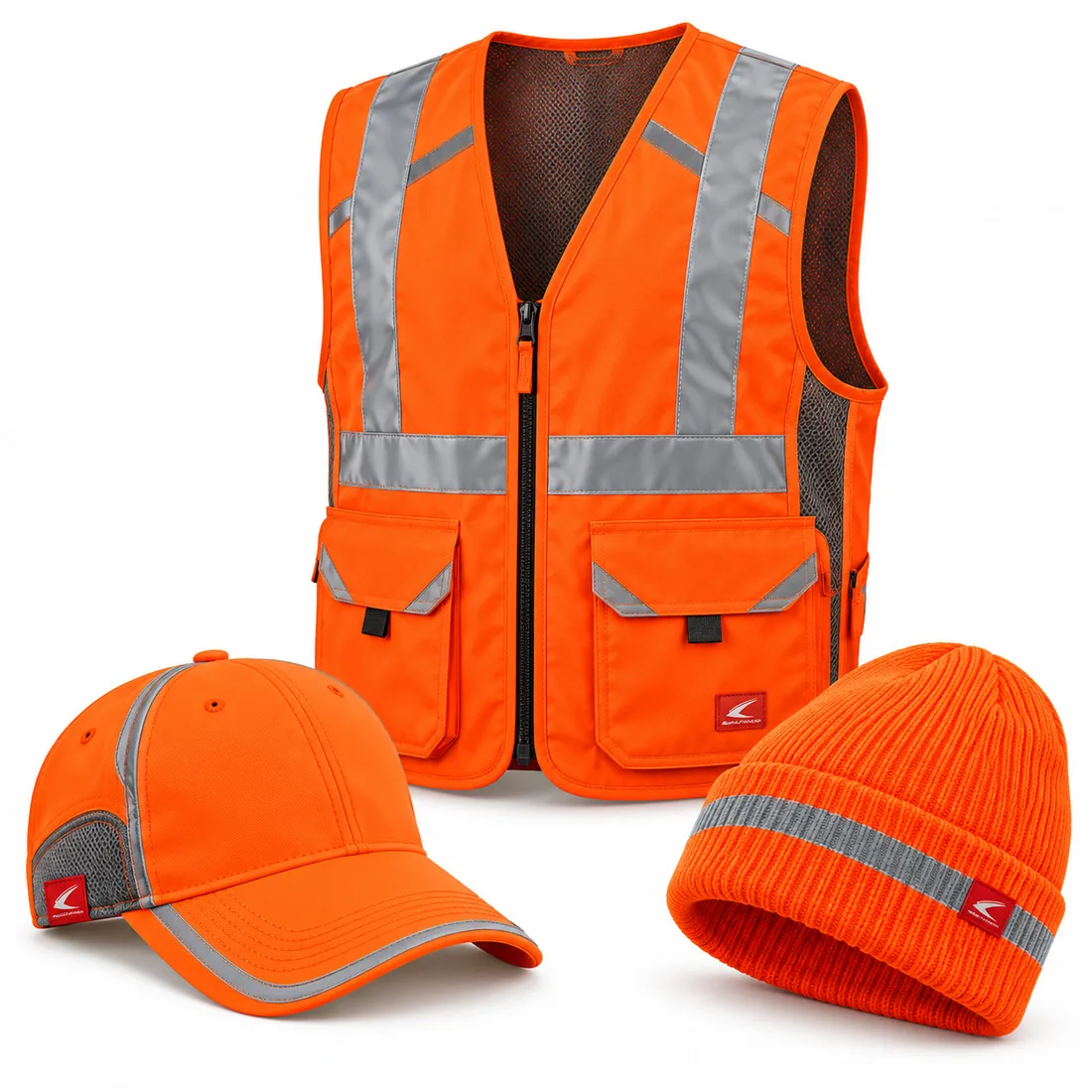 Blaze orange vest, cap and beanie with silver reflective stripes, reflective hunting set