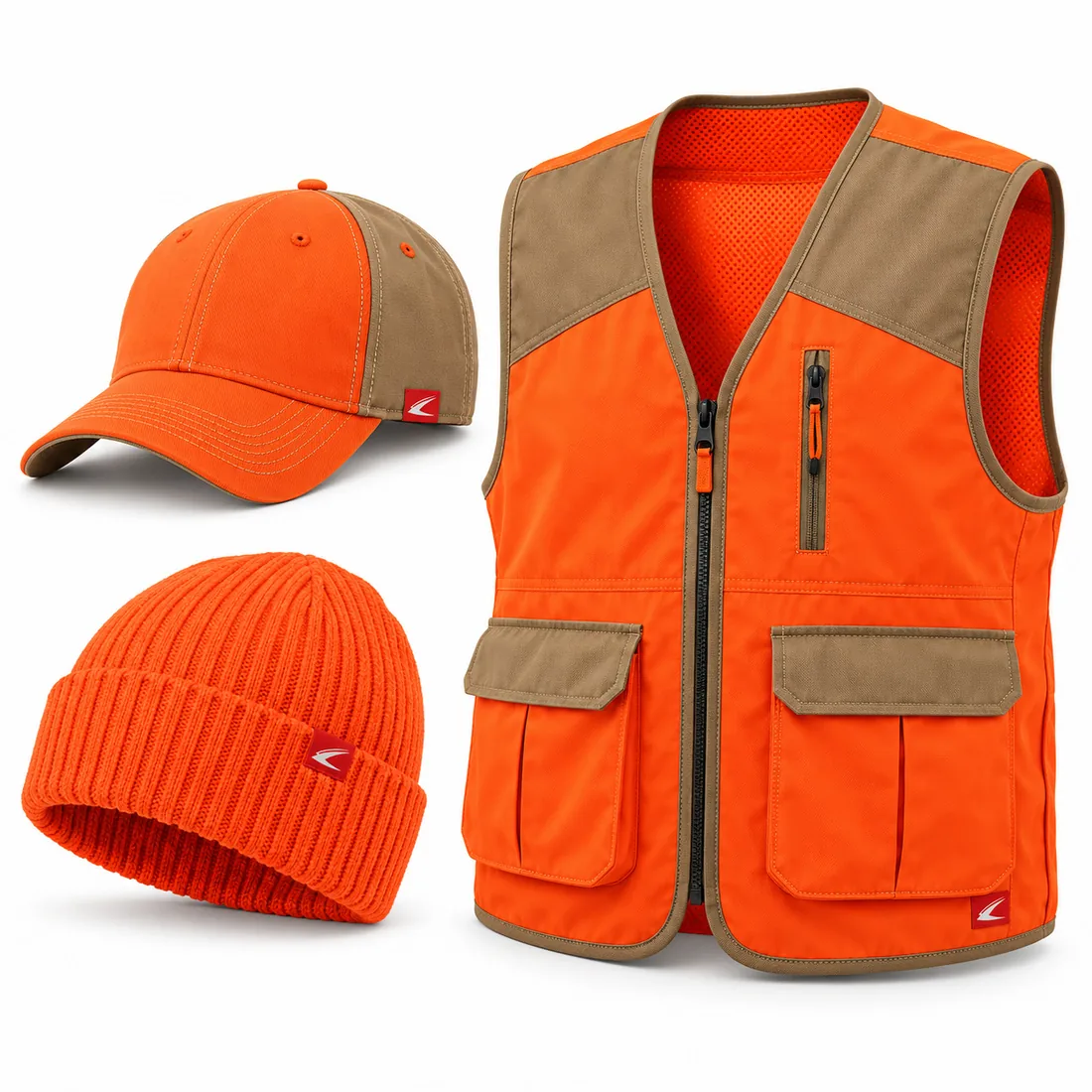 Blaze orange and tan upland hunting cap, beanie and vest set with tan panels, front view