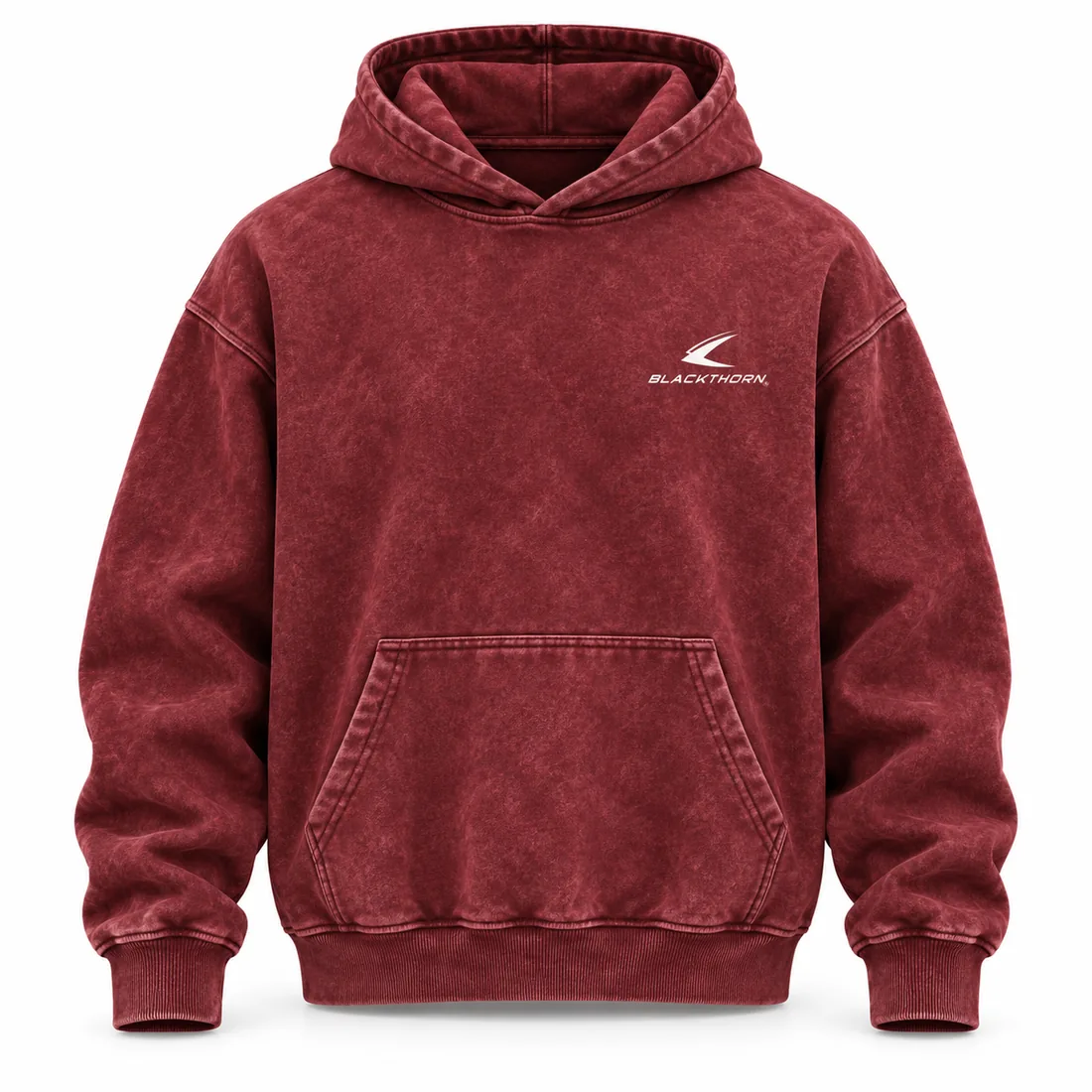 Brick-red acid-wash pullover hoodie with mottled mineral wash texture, front view