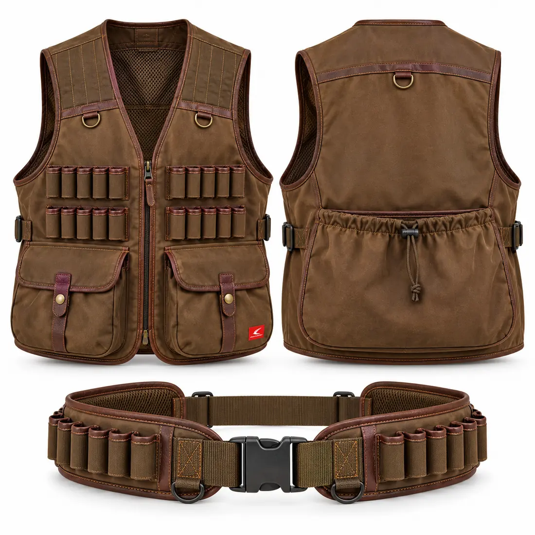Brown field shell vest with leather-look trim and brown shell belt, classic hunting vest set