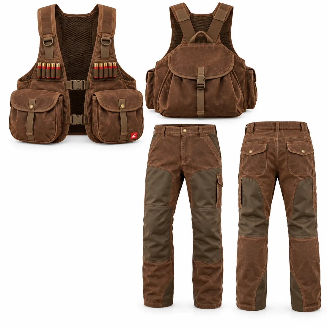 Brown waxed-look upland strap vest with brown brush pants and darker chaps