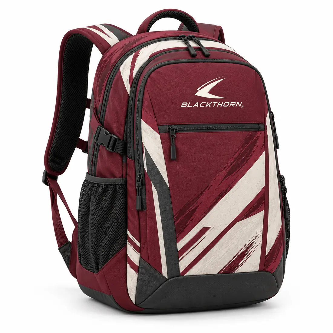 Burgundy gym merch backpack with cream dry-brush stroke graphics and side mesh bottle pockets, front view