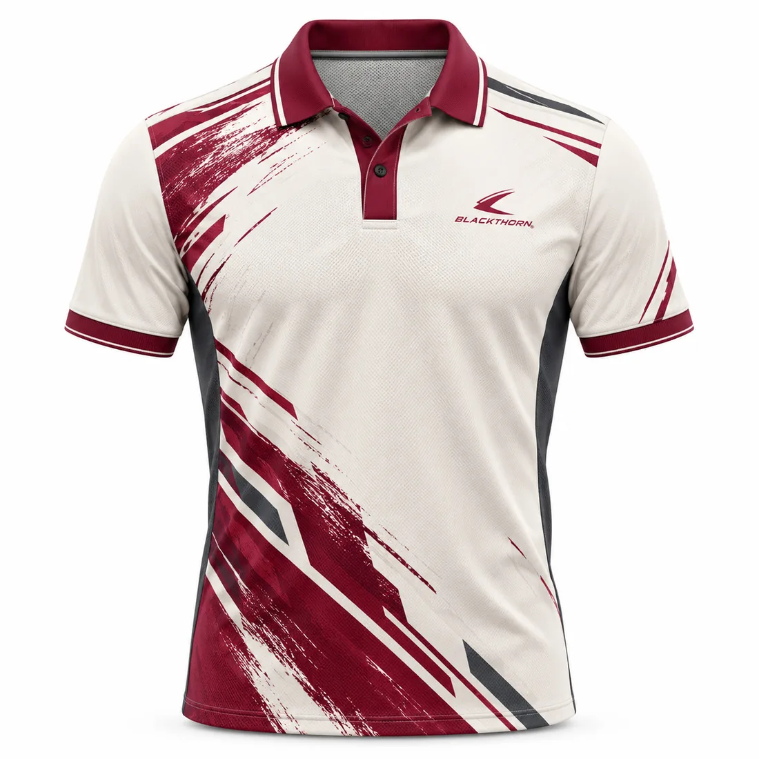 Burgundy junior padel polo shirt with cream dry-brush stroke graphics, front view