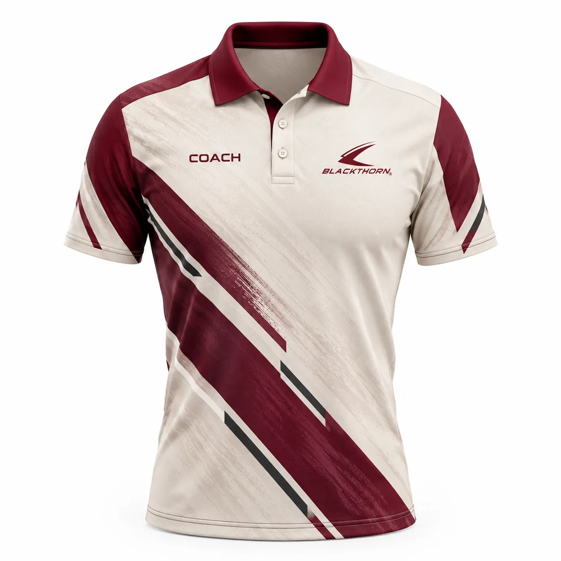 Burgundy coach polo shirt with cream brushstroke sublimation and COACH chest print, front view