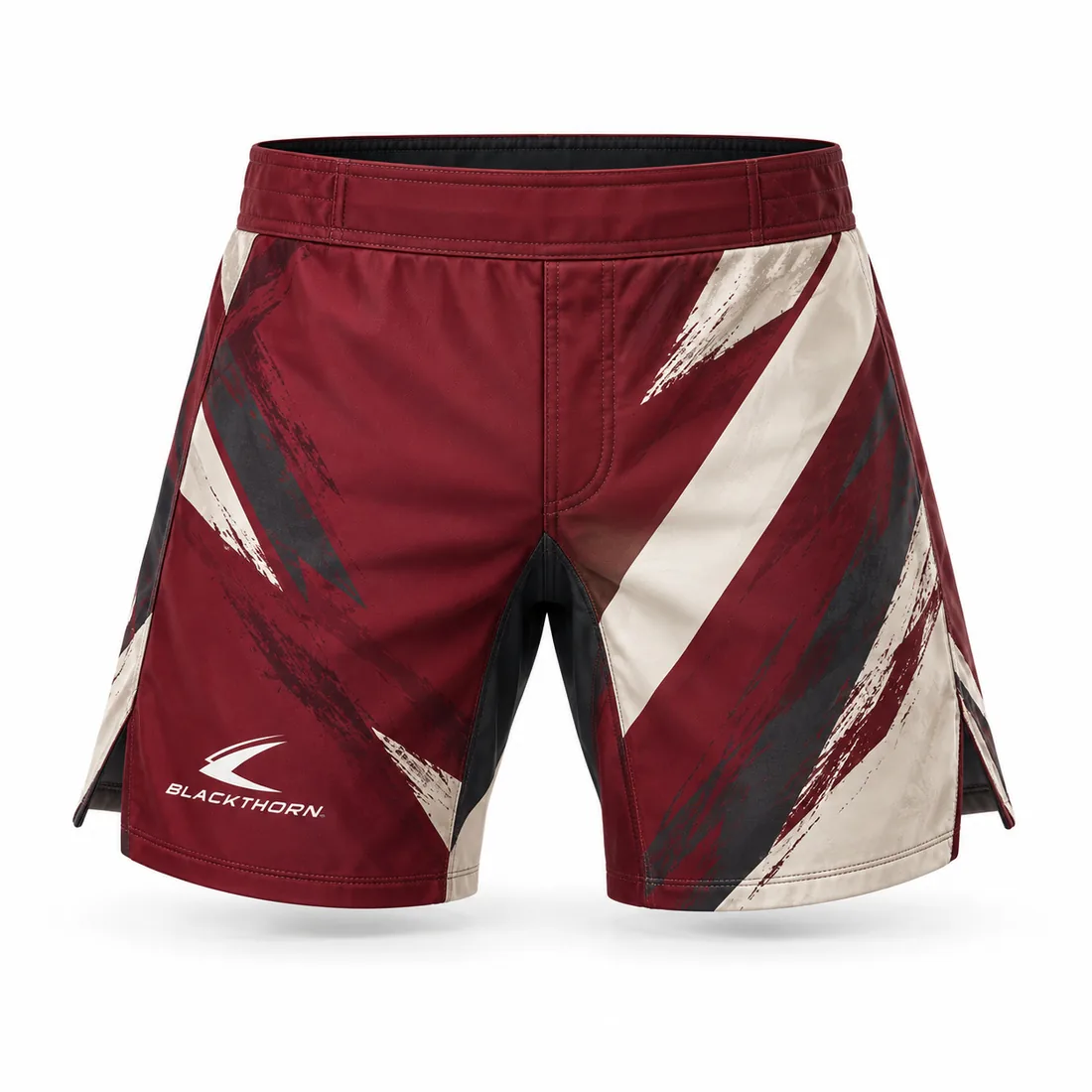 Burgundy and cream MMA fight shorts with dry-brush stroke graphics and side splits, side view