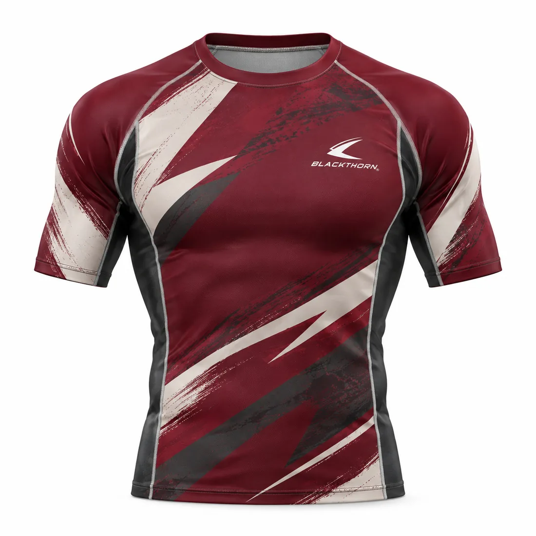 Burgundy short-sleeve rash guard with cream dry-brush stroke graphics for a club team store