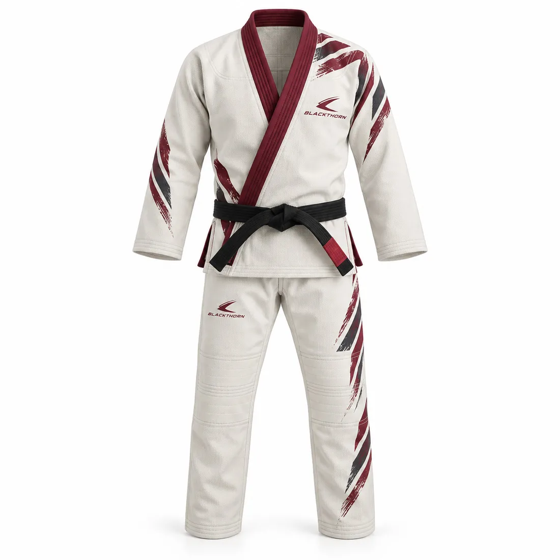 Burgundy BJJ gi with cream dry-brush stroke trim, Burgundy Brushstroke wholesale gi, front view