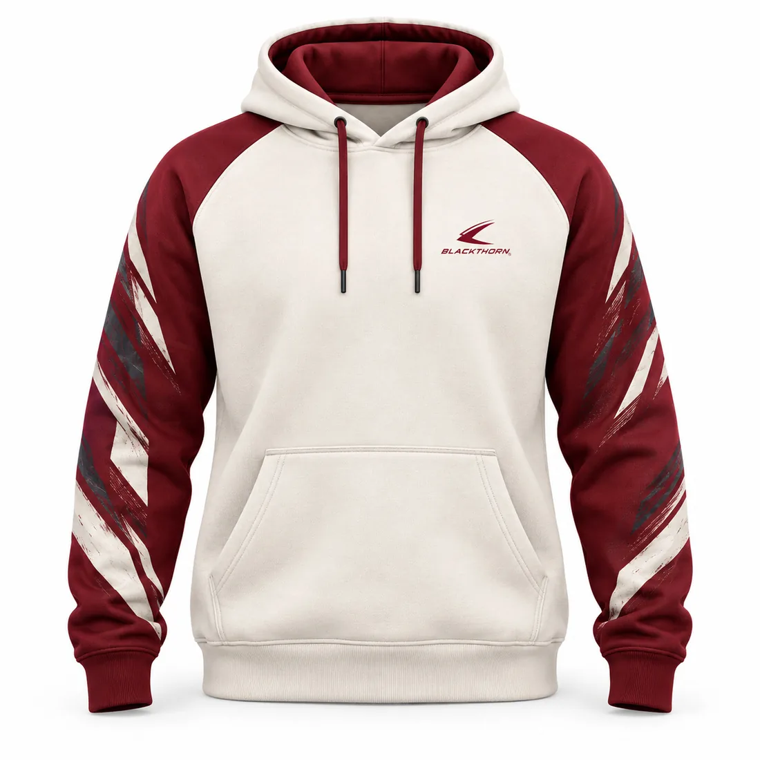 Cream pullover academy hoodie with burgundy brush-stroke raglan sleeves and kangaroo pocket