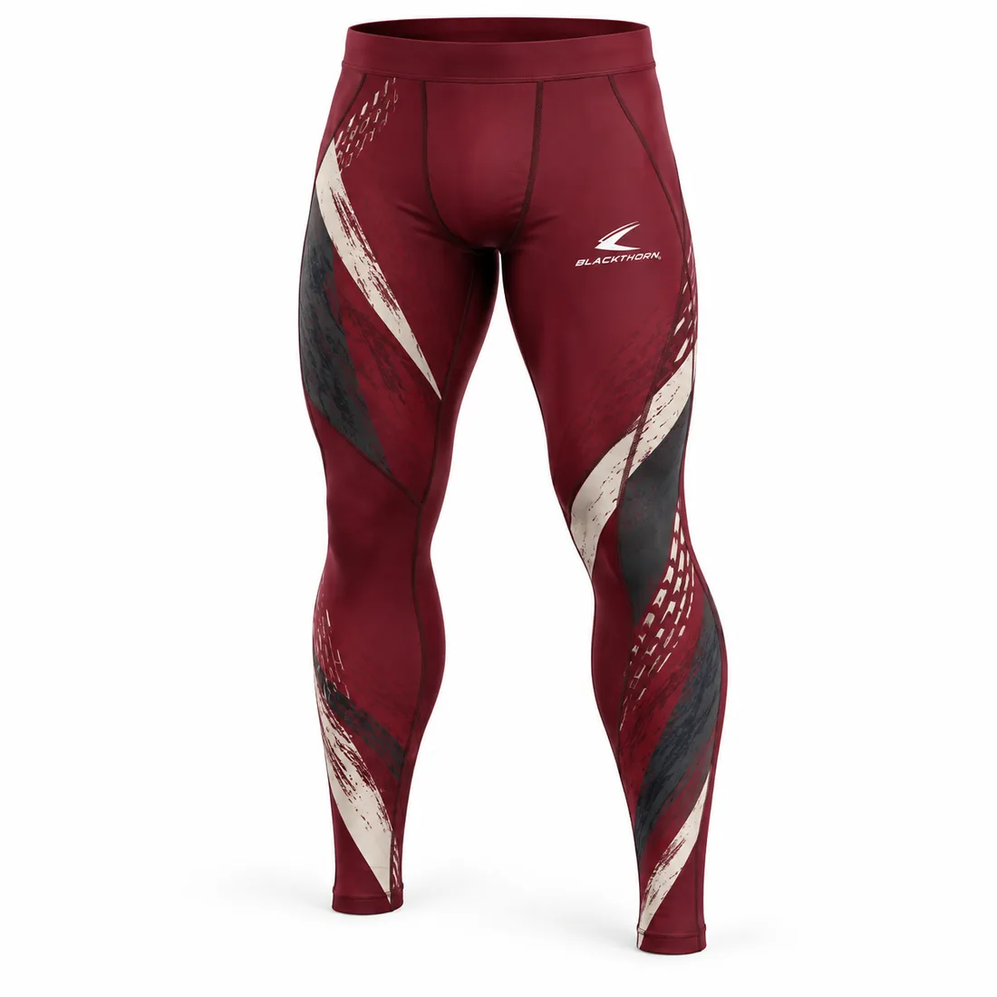 Burgundy youth grappling spats with cream dry-brush stroke graphics on the legs, side view