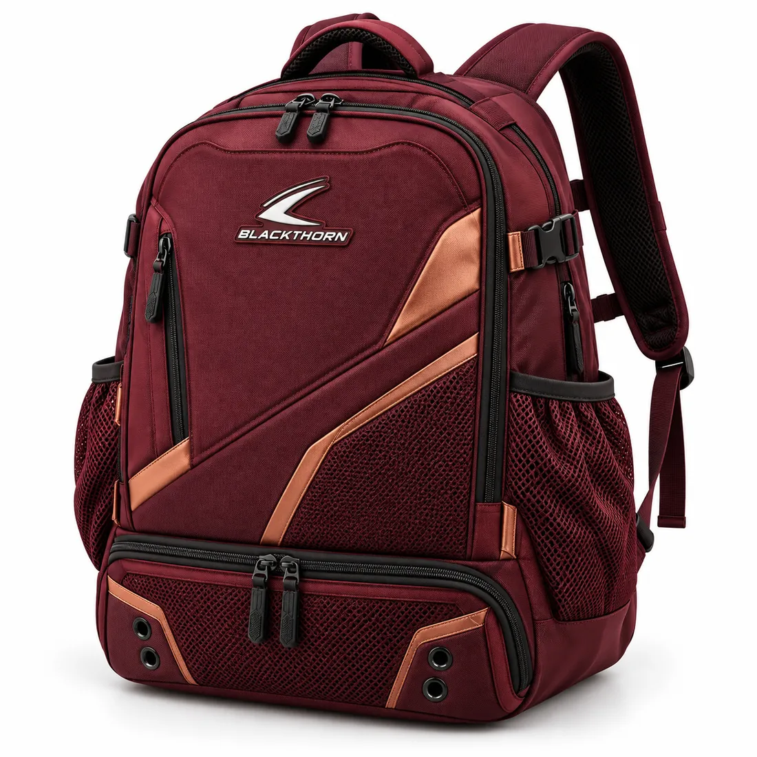Burgundy boxing club backpack with copper diagonal panels, burgundy mesh side pockets, logo patch and vented base