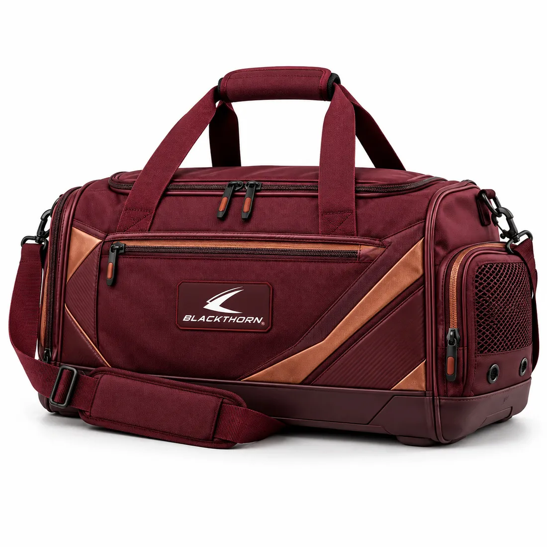 Burgundy boxing club duffle bag with copper diagonal panels, copper zip trim, logo patch and mesh vented end pocket