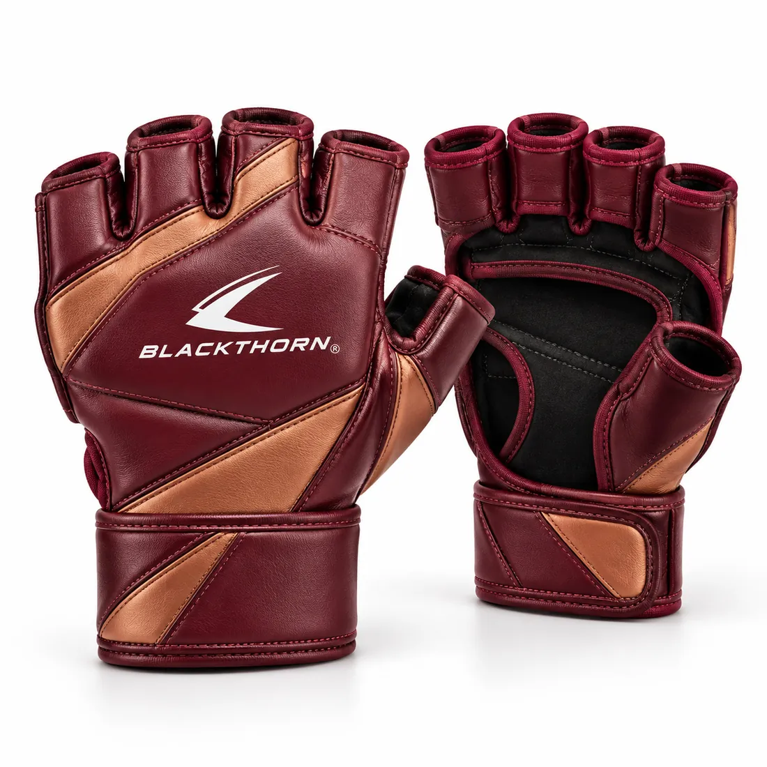 Burgundy grappling gloves with copper diagonal insets, slim padding, open palms, free thumbs and white Blackthorn logo