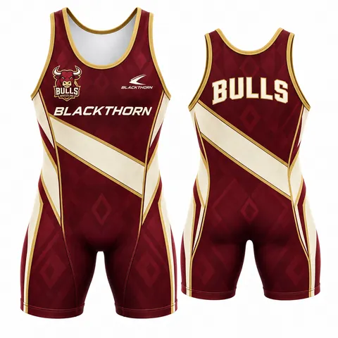Burgundy Heritage custom sublimated wrestling singlet, burgundy and cream, shown as the Bulls — front and back
