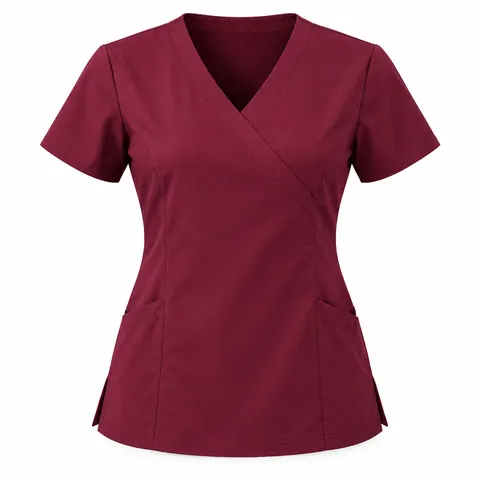 Burgundy Mock-Wrap Scrub Top — wholesale scrub tops by Blackthorn World