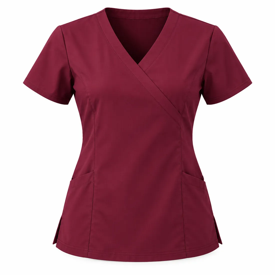 Burgundy women's mock-wrap scrub top with side vents and pockets, wholesale by Blackthorn World