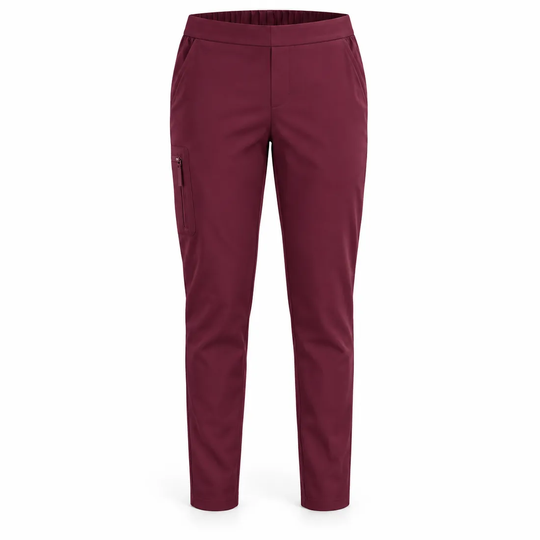 Burgundy women's slim-fit scrub pants with yoga waist and cargo pocket, wholesale by Blackthorn World