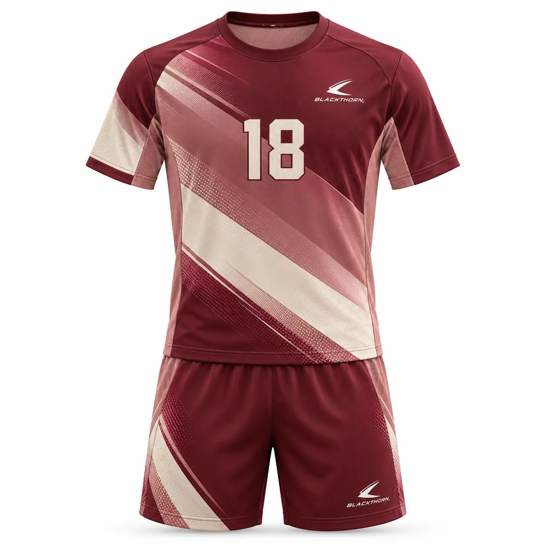 Burgundy handball jersey and shorts with cream and blush diagonal bands and number 18, heritage handball kit