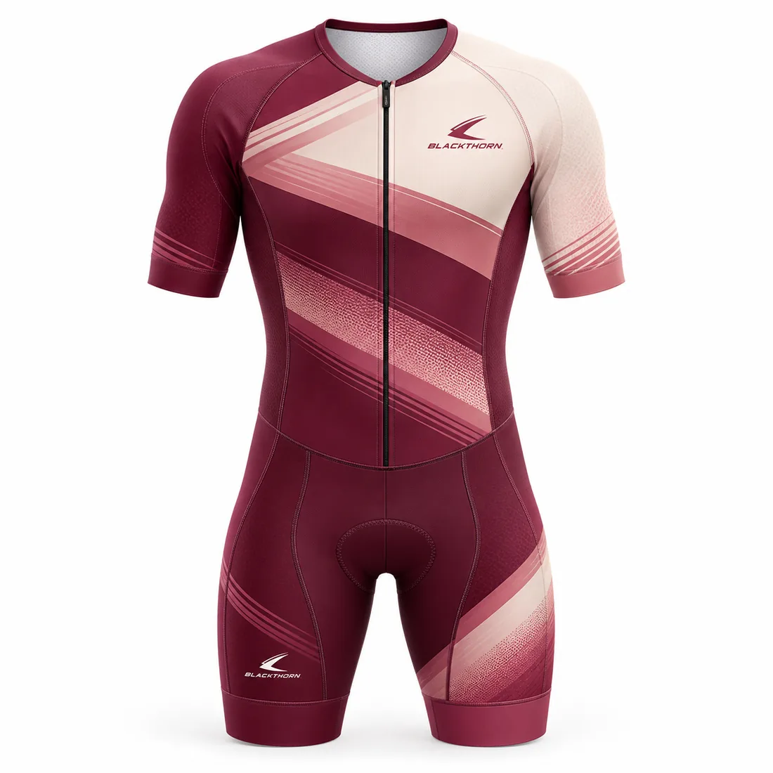Burgundy short-sleeve triathlon suit with cream and blush diagonal strata bands, front view