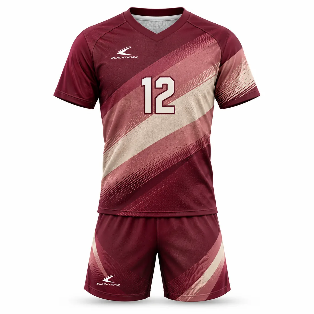 Burgundy V-neck volleyball jersey and shorts with cream and blush diagonal strata bands and number 12