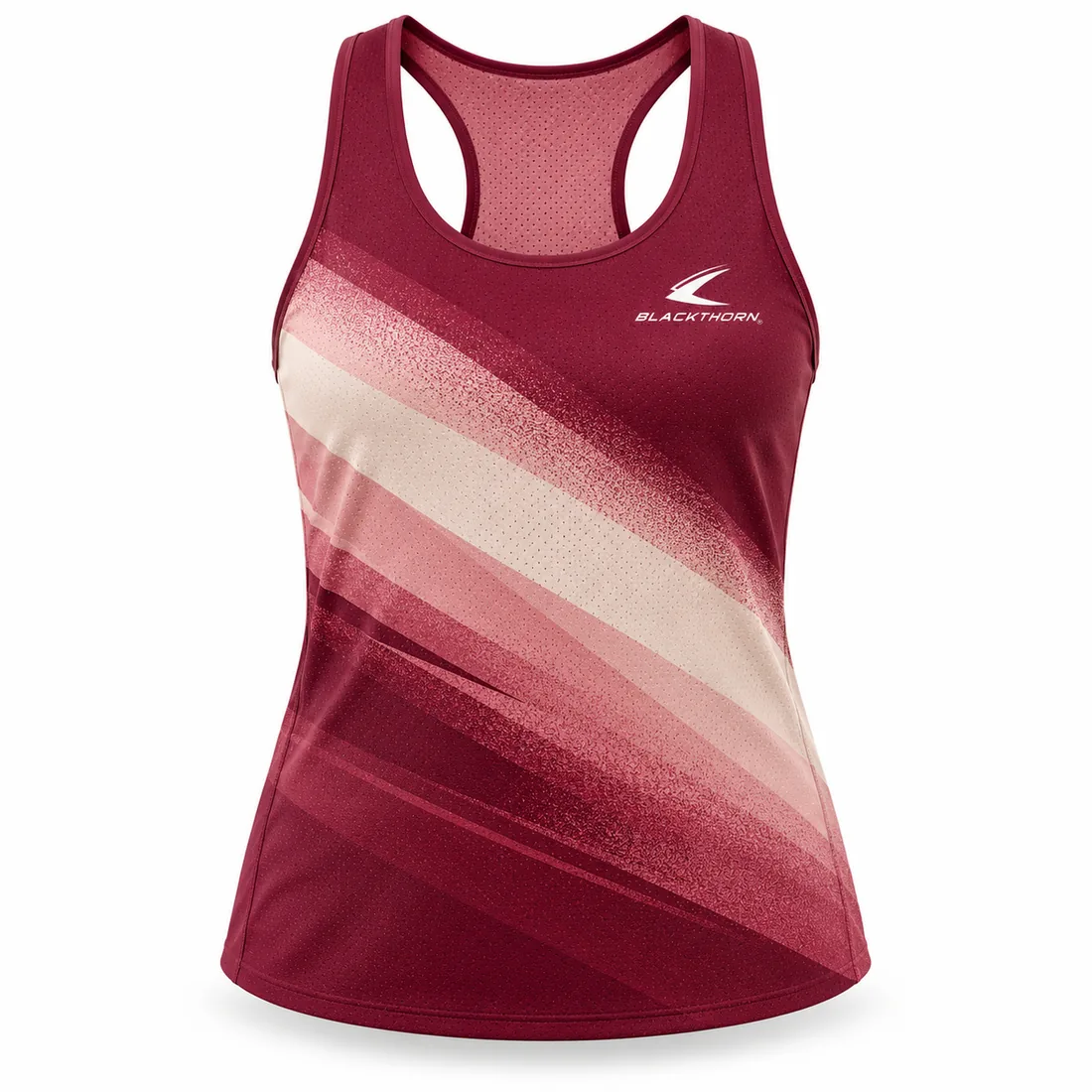 Women's burgundy running singlet with cream and blush diagonal bands, racer back, custom club design
