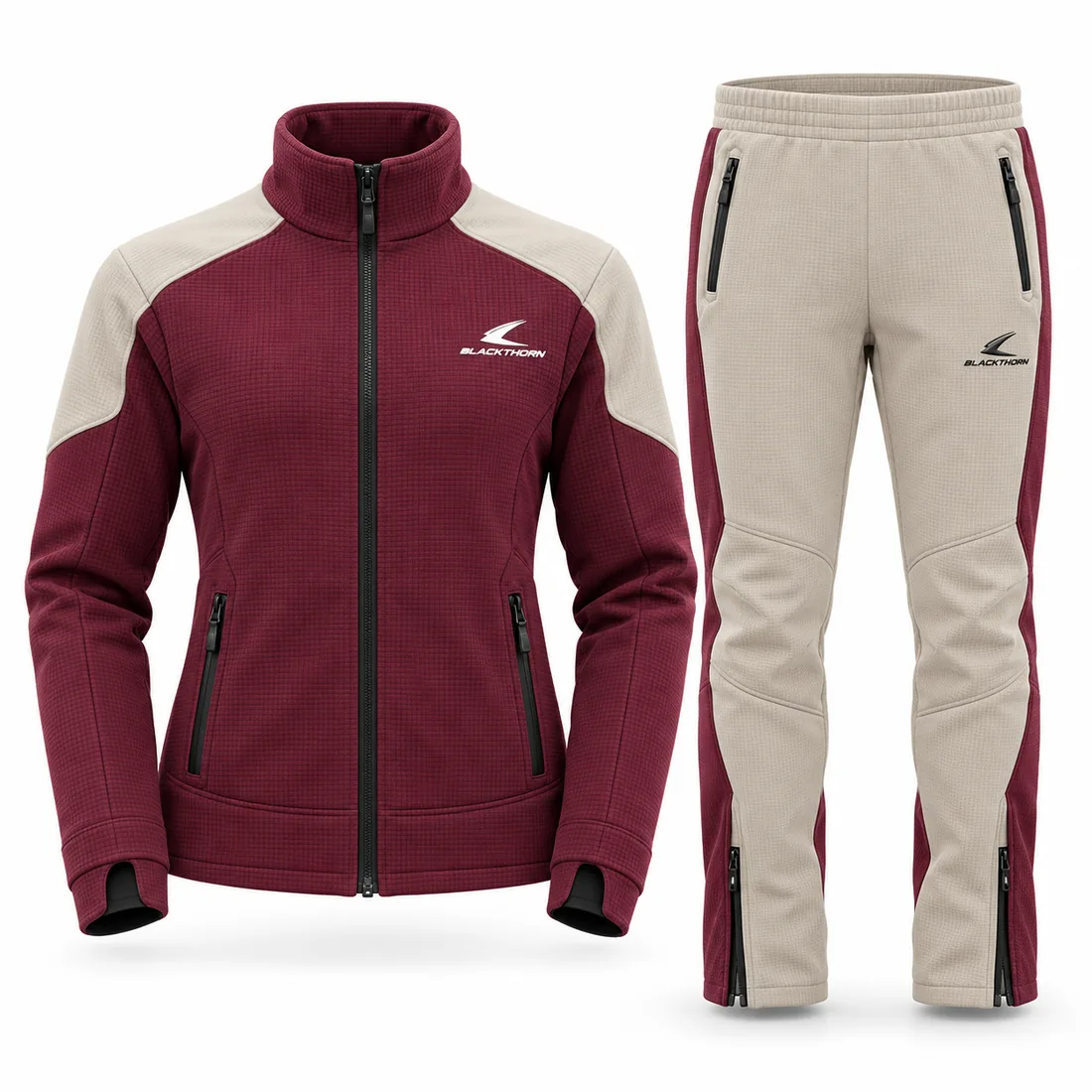 Burgundy Waffle Fleece Après Set — custom waffle fleece jacket and pants set in burgundy and cream, made to order by Blackthorn World