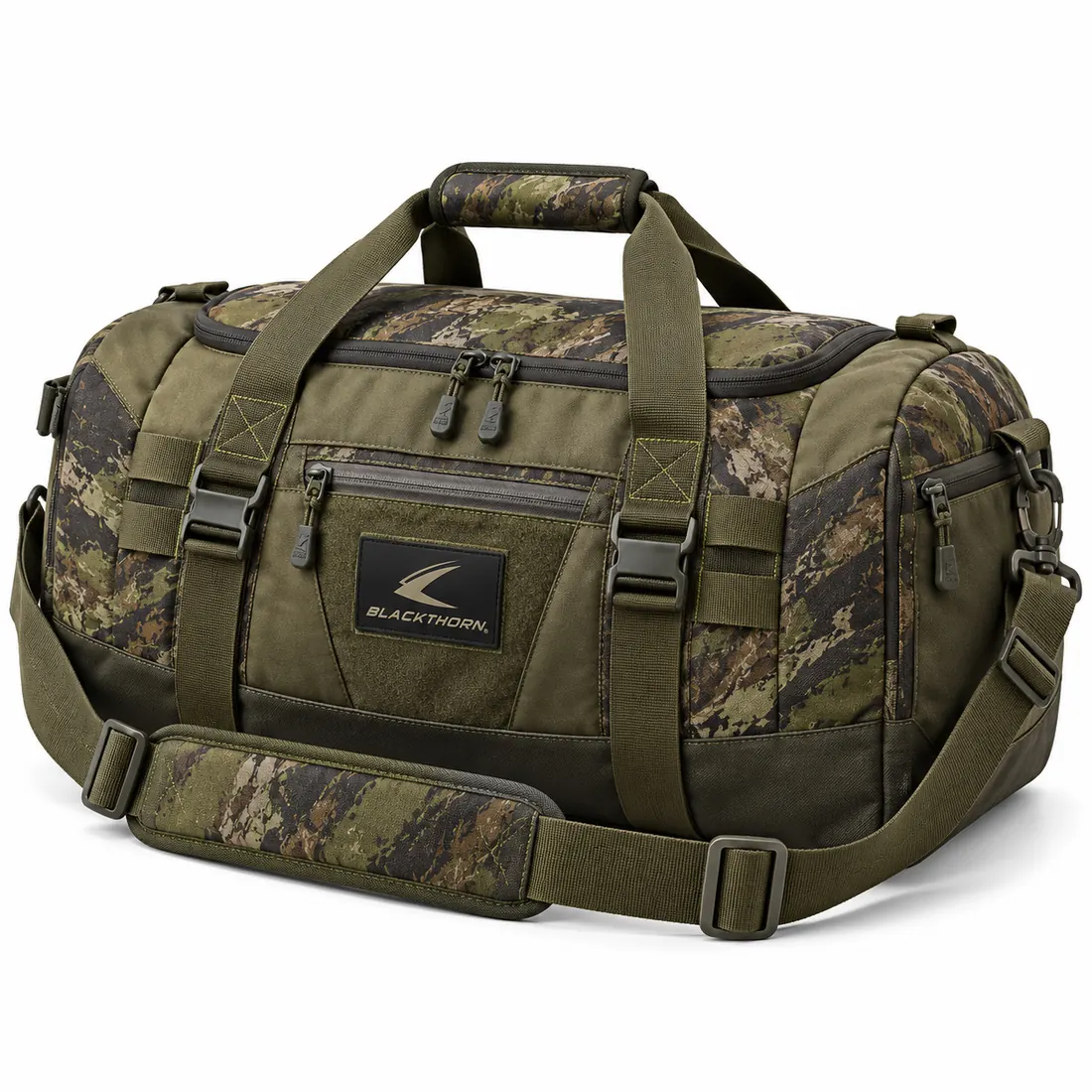 Camo Duffel & Camping Gear Bag — custom camo duffel bag made to order by Blackthorn World — woodland green camo