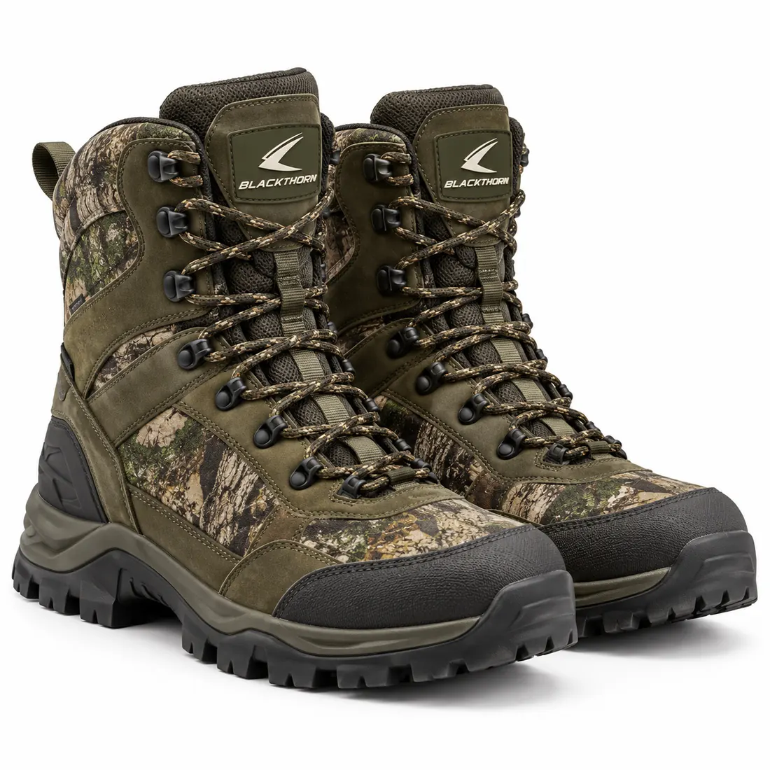 Camo Hunting Boots — Waterproof Lace-Up & Rubber — custom camo hunting boots made to order by Blackthorn World — woodland green camo lace-up