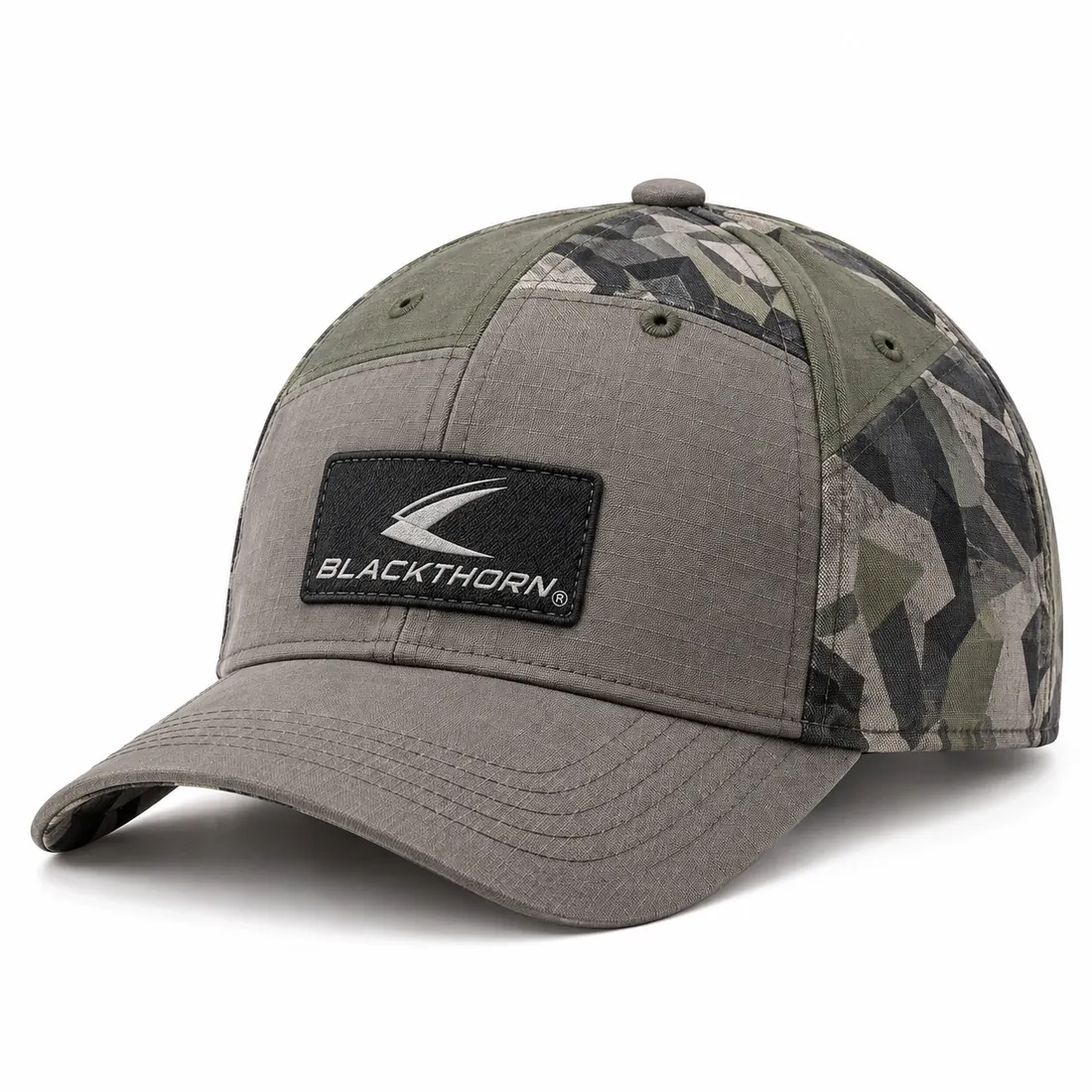 Camo Hunting Cap with Patch Logo — custom camo hunting cap made to order by Blackthorn World — grey digital camo