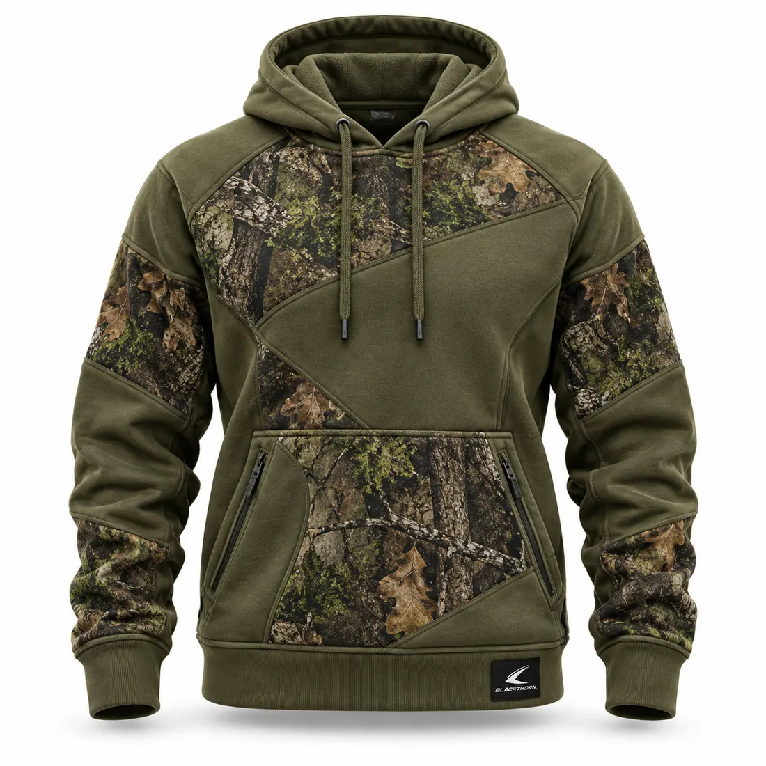 Camo Panel Hunting Hoodie — custom camo hunting hoodie made to order by Blackthorn World — woodland green camo