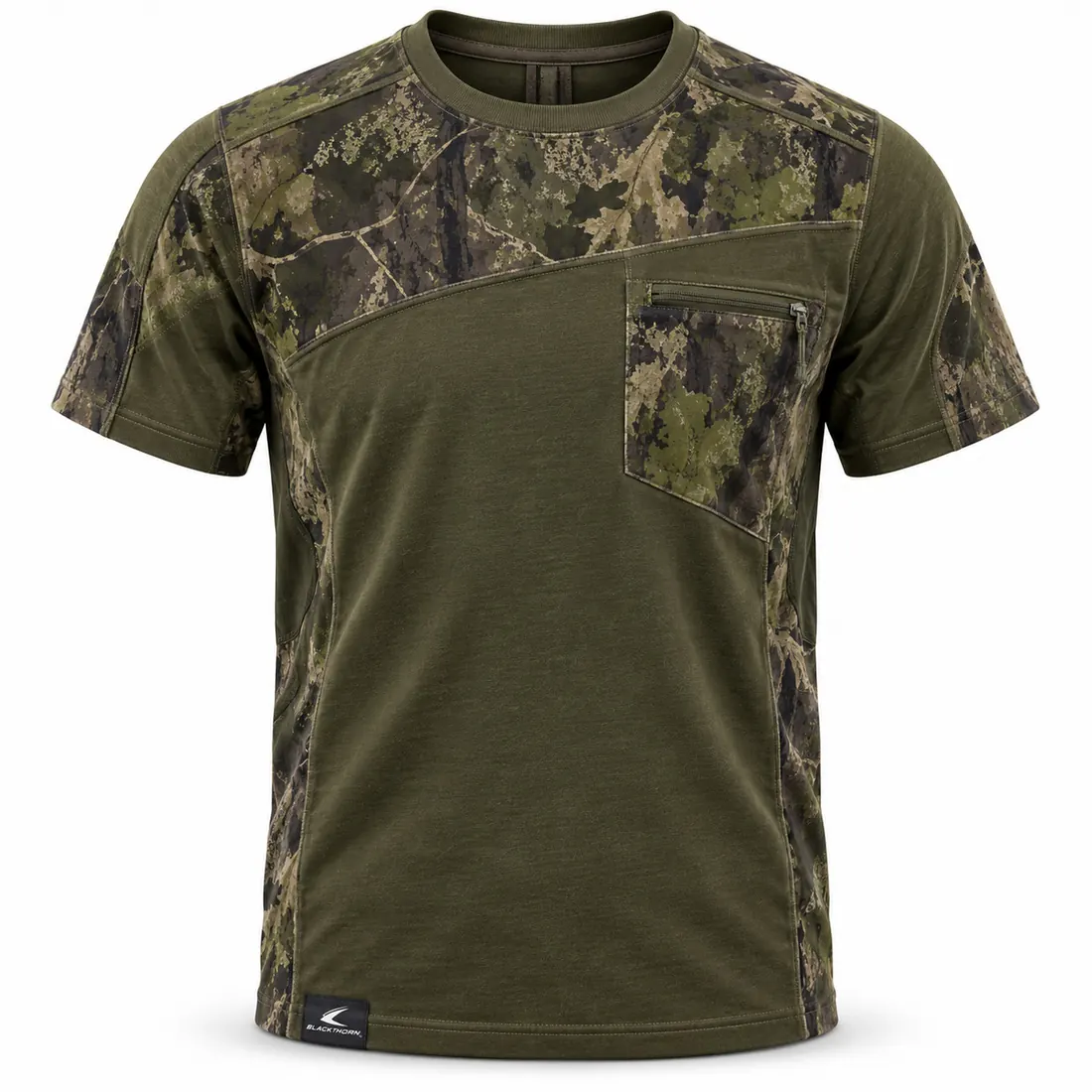 Camo Panel Hunting T-Shirt — custom camo hunting t-shirt made to order by Blackthorn World — woodland green camo