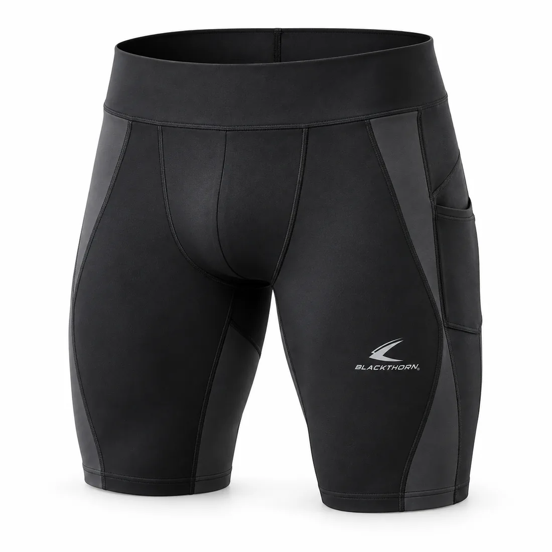 Black compression racing shorts with carbon-grey side panels and phone pocket, side view