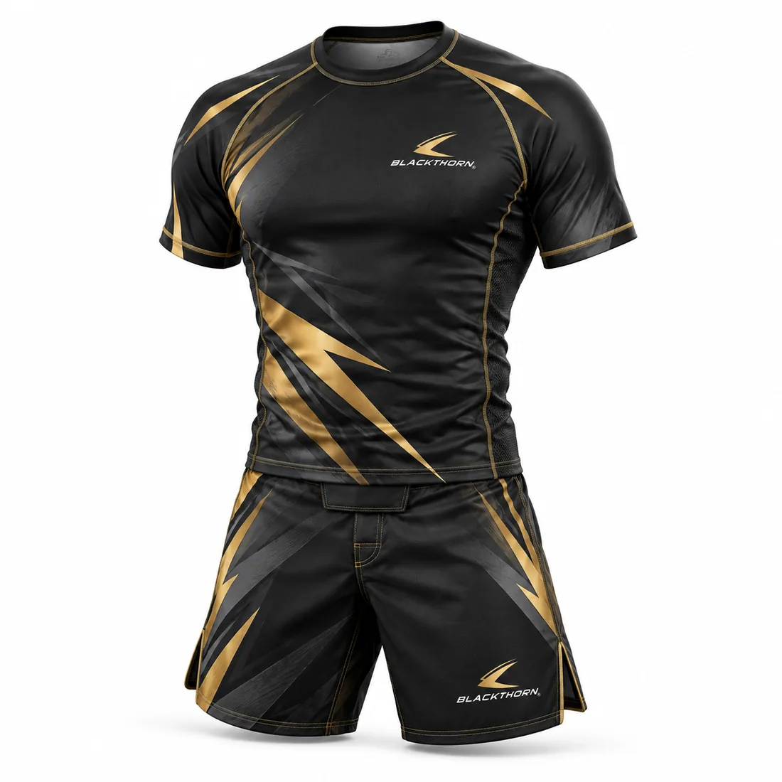 Charcoal & Gold MMA Rash Guard and Shorts Set — custom rash guards & compression by Blackthorn World