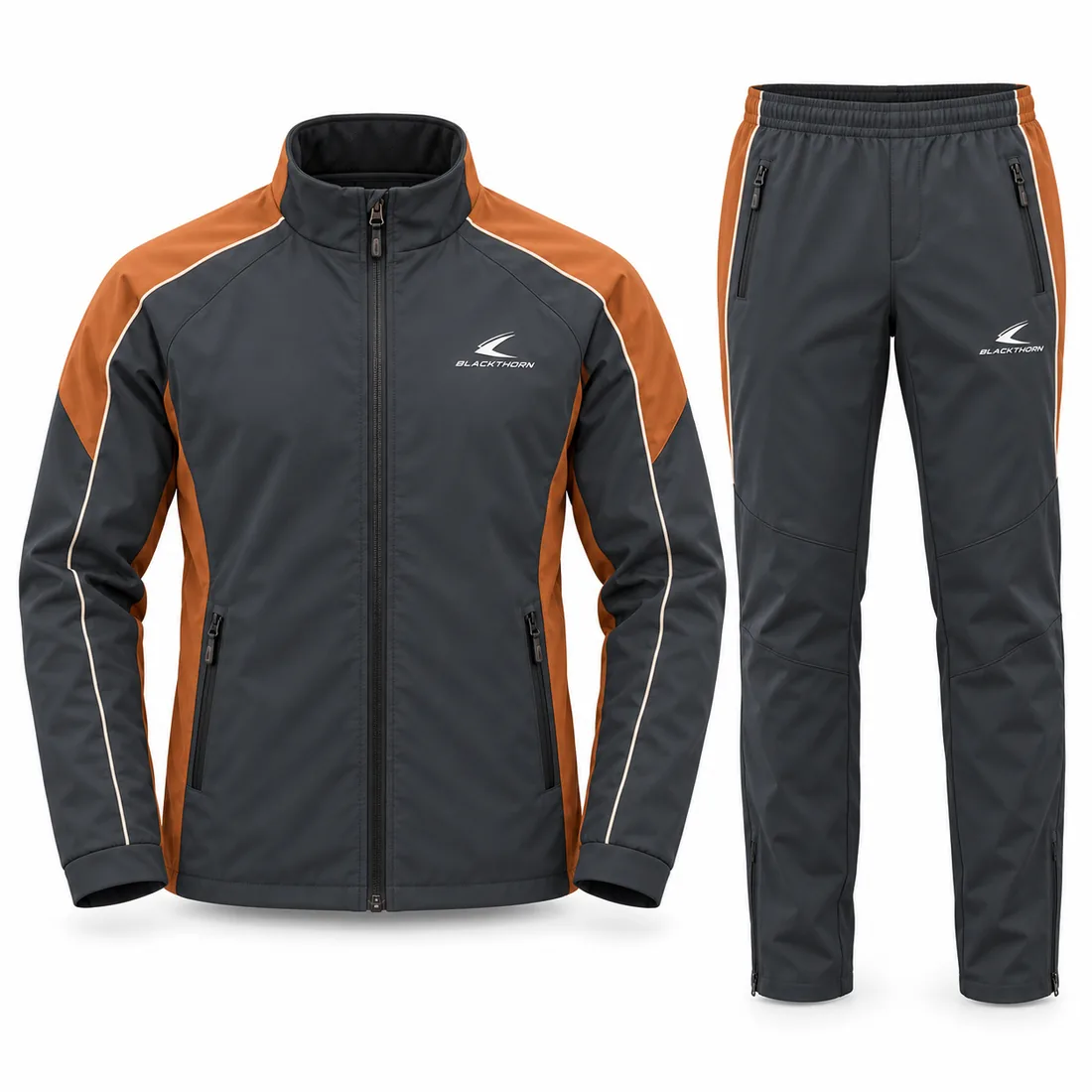 Charcoal Orange Ski Team Travel Set — custom softshell travel jacket and pants set in charcoal and orange, made to order by Blackthorn World