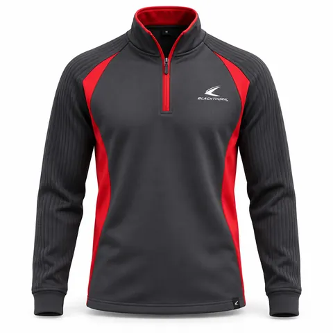 Charcoal & Red School Half-Zip with Ribbed Sleeves — custom schoolwear by Blackthorn World
