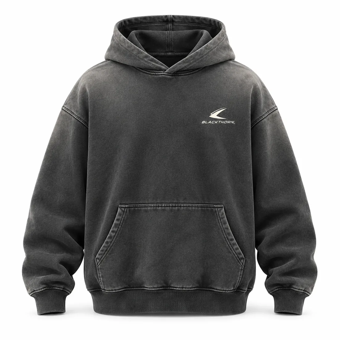 Charcoal sun-faded oversized pullover hoodie with lighter faded seams, front view